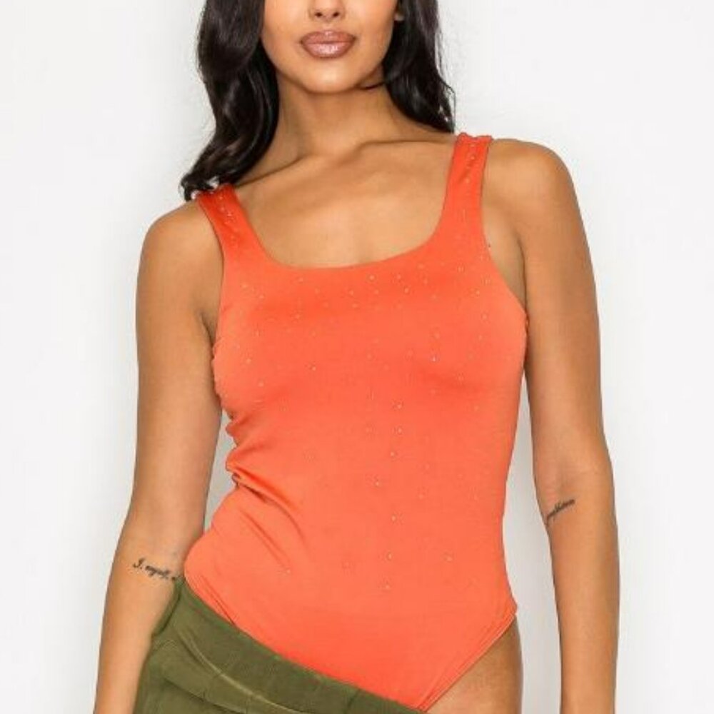 Womeen Rhinestones Scoop-Cut Back Sleeveless Bodysuit/Fashion - Orange